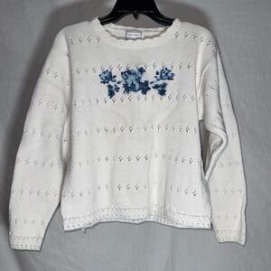 Gina‎ Peters Vintage White Pointelle Knit Floral Embroidered Sweater Womens M